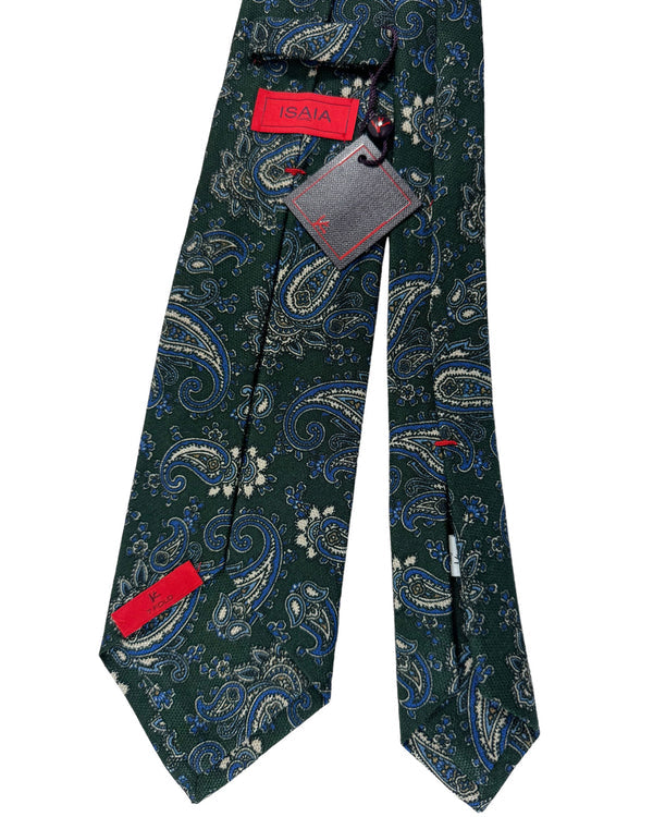 Isaia Tie Dark Green Royal Blue Paisley Design - Sevenfold Cotton Silk Necktie