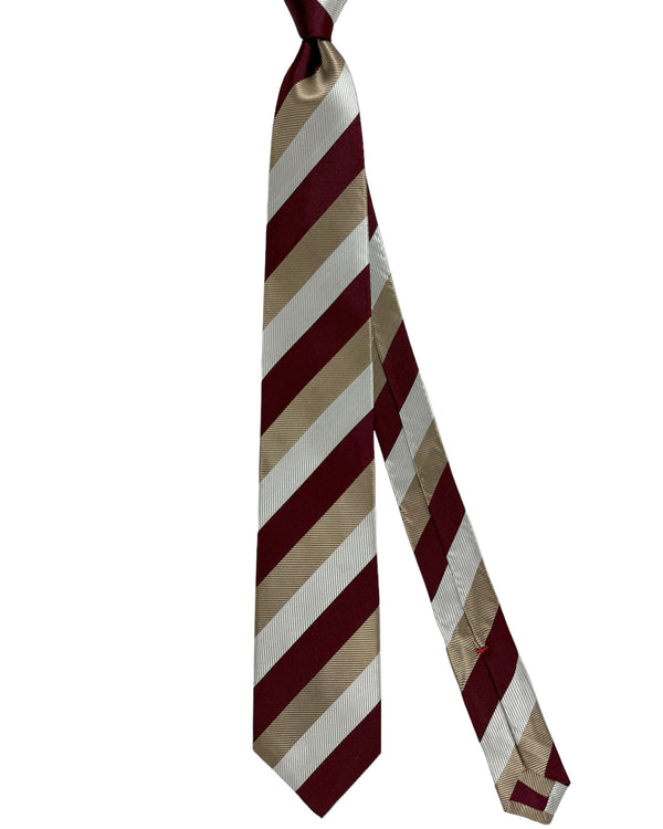 Isaia Tie Taupe Maroon Stripes Design - Sartorial Tie SALE