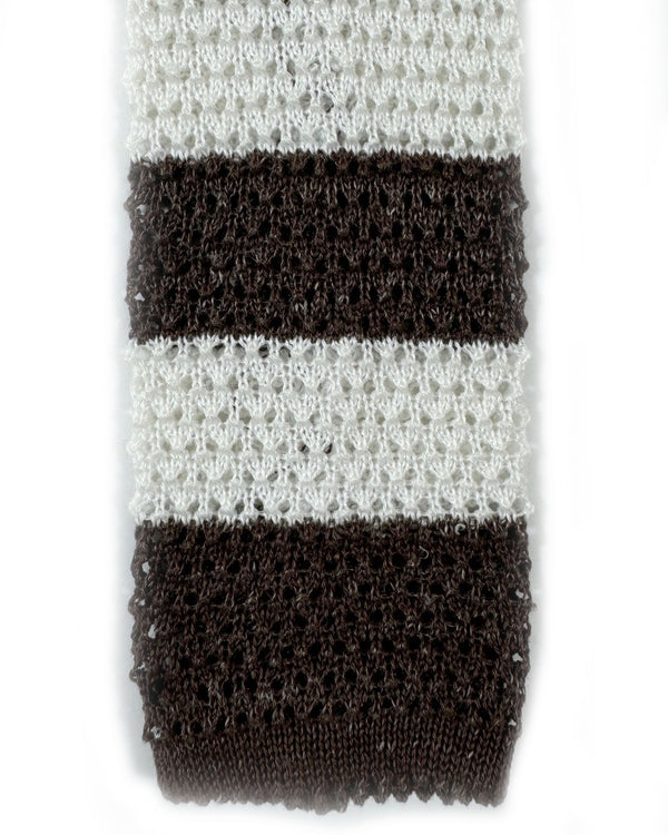 Isaia Squared End Knitted Tie Brown White Stripes SALE