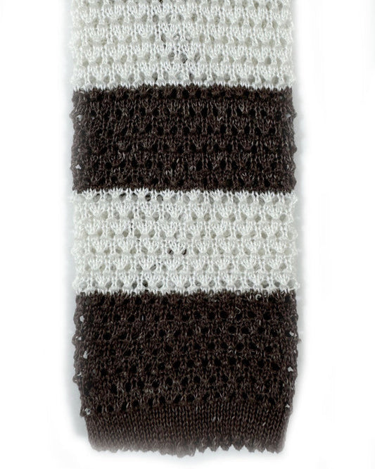Isaia Squared End Knitted Tie Brown White Stripes SALE