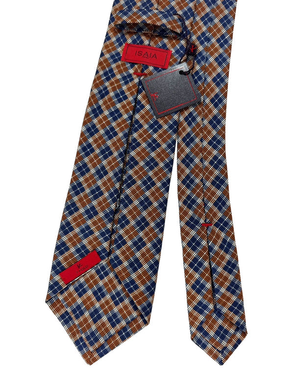 Isaia Tie Brown Royal Blue Plaid Design - Sevenfold Cotton Silk Necktie