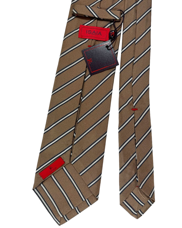 Isaia Tie Taupe Stripes Design - Sevenfold Silk Necktie