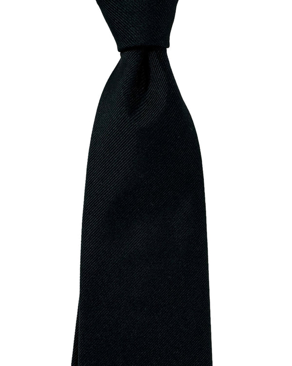 Isaia Sevenfold Tie Black Solid Grosgrain Design - Sartorial Necktie