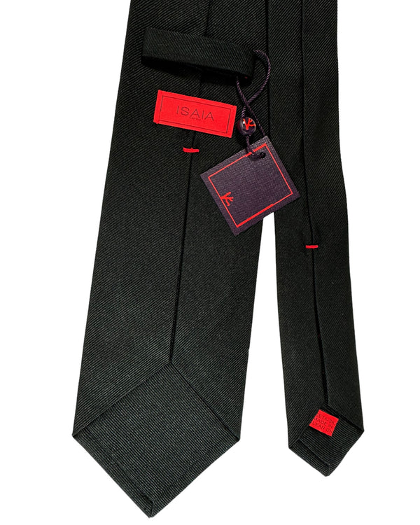 Isaia Sevenfold Tie Black Solid Grosgrain Design - Sartorial Necktie