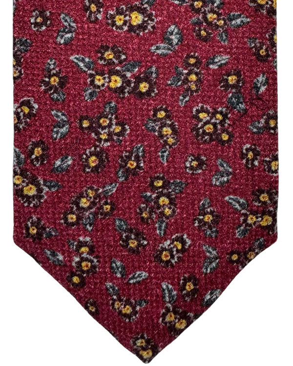 Isaia Tie Maroon Floral Design - Sevenfold Wool Silk Necktie SALE