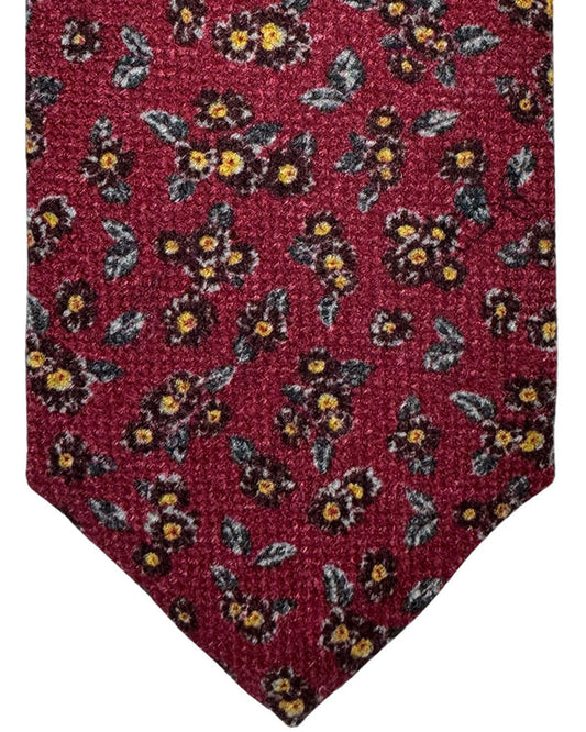 Isaia Tie Maroon Floral Design - Sevenfold Wool Silk Necktie SALE