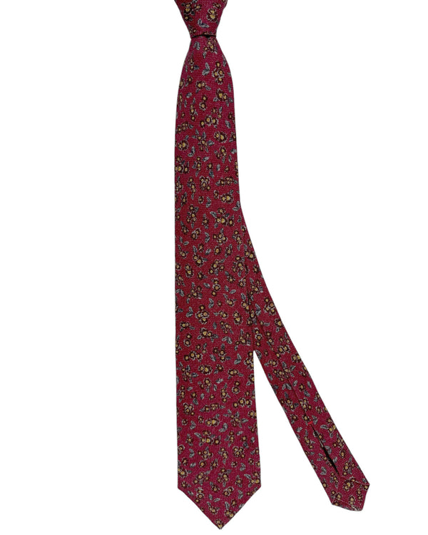 Isaia Tie Maroon Floral Design - Sevenfold Wool Silk Necktie SALE