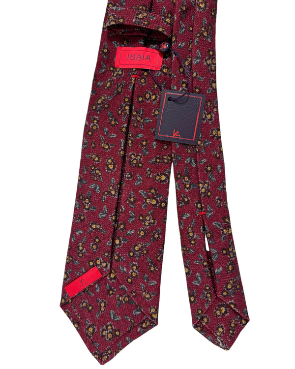 Isaia Tie Maroon Floral Design - Sevenfold Wool Silk Necktie SALE