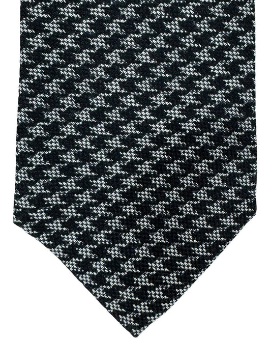 Isaia Sevenfold Tie Black Gray Houndstooth Design - Wool Silk Necktie SALE