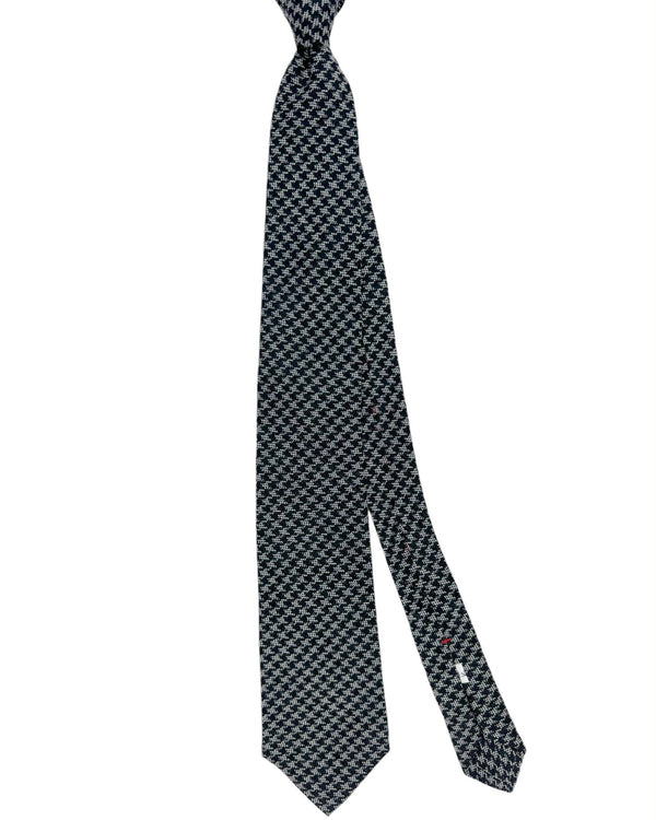 Isaia Sevenfold Tie Black Gray Houndstooth Design - Wool Silk Necktie SALE