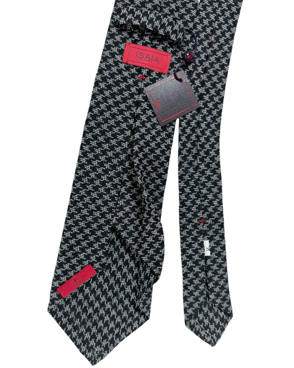 Isaia Sevenfold Tie Black Gray Houndstooth Design - Wool Silk Necktie SALE