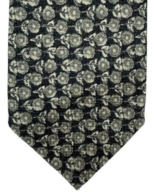 Isaia Sevenfold Tie Dark Gray Floral Design - Wool Silk Necktie SALE