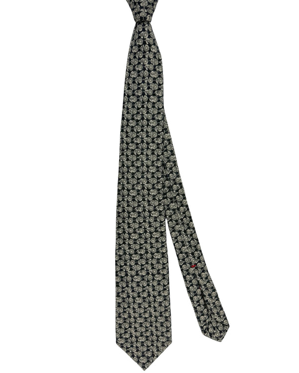 Isaia Sevenfold Tie Dark Gray Floral Design - Wool Silk Necktie SALE