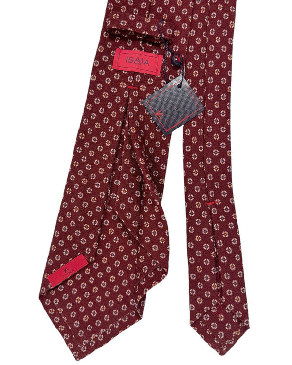 Isaia Sevenfold Tie Maroon Pink Mini Floral Design - Wool Silk Necktie