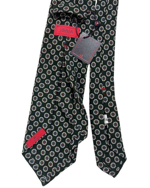 Isaia Sevenfold Tie Dark Green Blue Maroon Mini Floral - Wool Silk Necktie