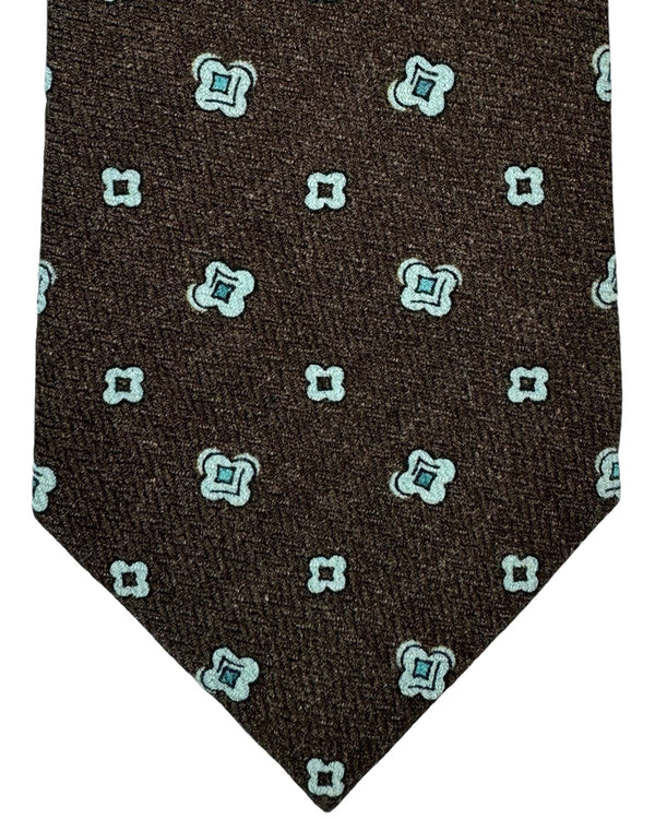 Isaia Sevenfold Tie Brown Sky Blue Geometric Wool Silk SALE