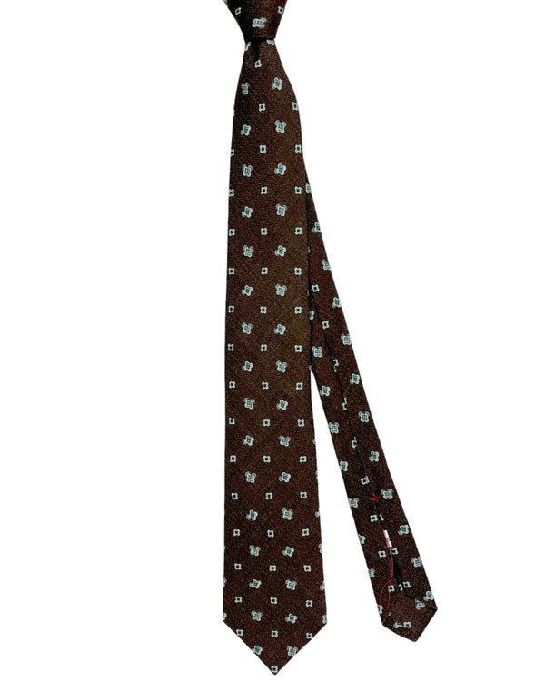 Isaia Sevenfold Tie Brown Sky Blue Geometric Wool Silk SALE