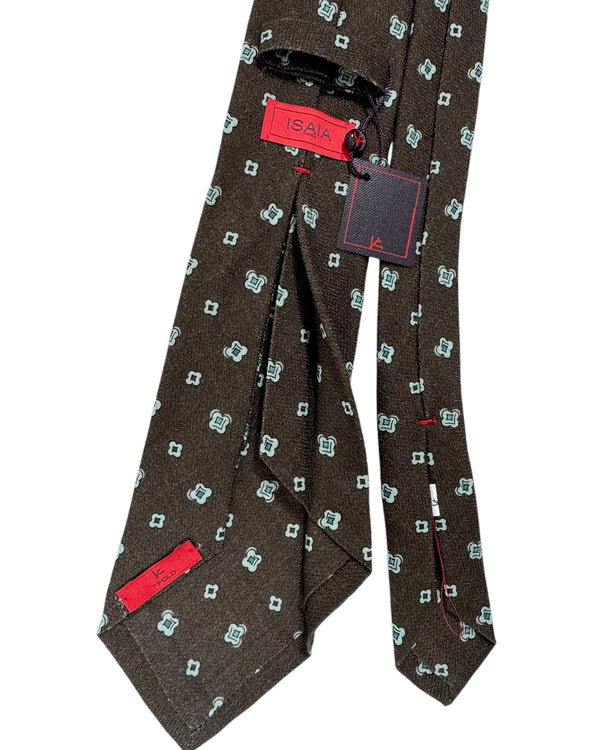Isaia Sevenfold Tie Brown Sky Blue Geometric Wool Silk SALE