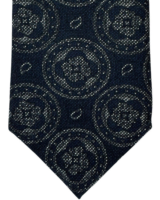Isaia Sevenfold Tie Black Gray Medallion - Wool Silk Necktie SALE