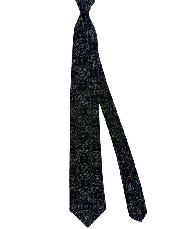 Isaia Sevenfold Tie Black Gray Medallion - Wool Silk Necktie SALE