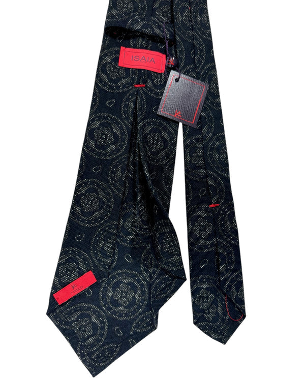 Isaia Sevenfold Tie Black Gray Medallion - Wool Silk Necktie SALE