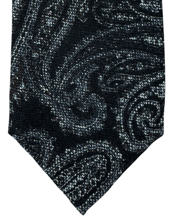 Isaia Sevenfold Tie Black Gray Paisley - Wool Silk Necktie