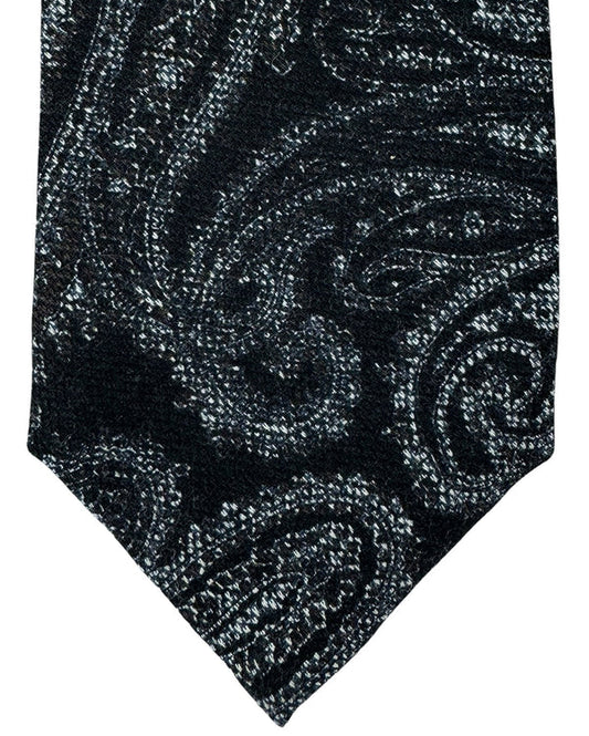 Isaia Sevenfold Tie Black Gray Paisley - Wool Silk Necktie