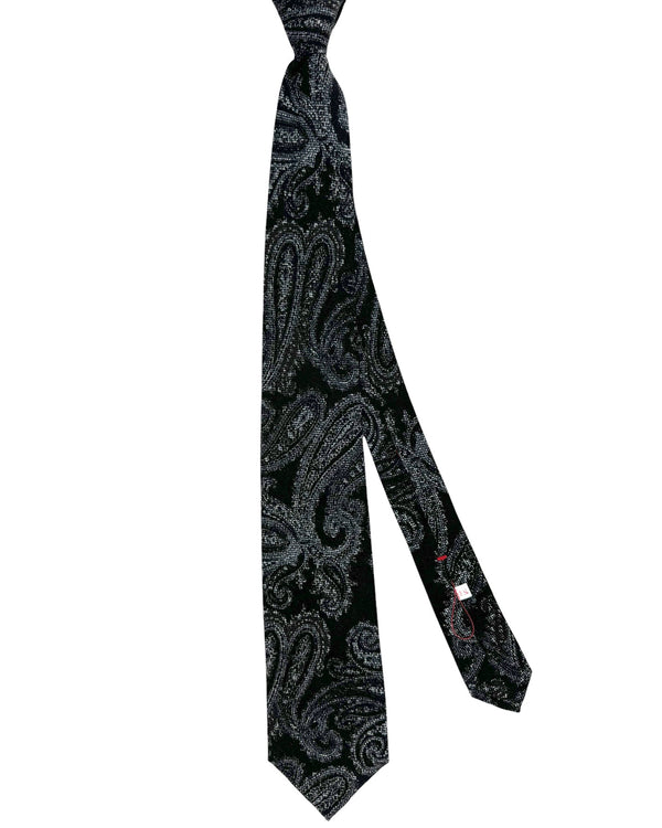 Isaia Sevenfold Tie Black Gray Paisley - Wool Silk Necktie