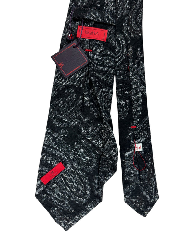 Isaia Sevenfold Tie Black Gray Paisley - Wool Silk Necktie