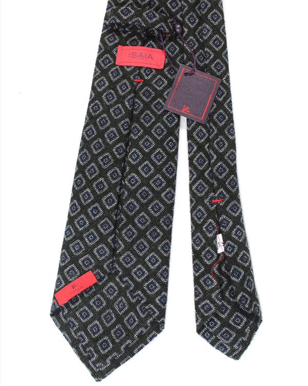 Isaia Sevenfold Tie Black Gray Dark Blue Geometric - Wool Necktie SALE