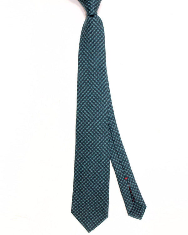 Isaia Sevenfold Tie Teal Blue Houndstooth - Wool Silk Necktie