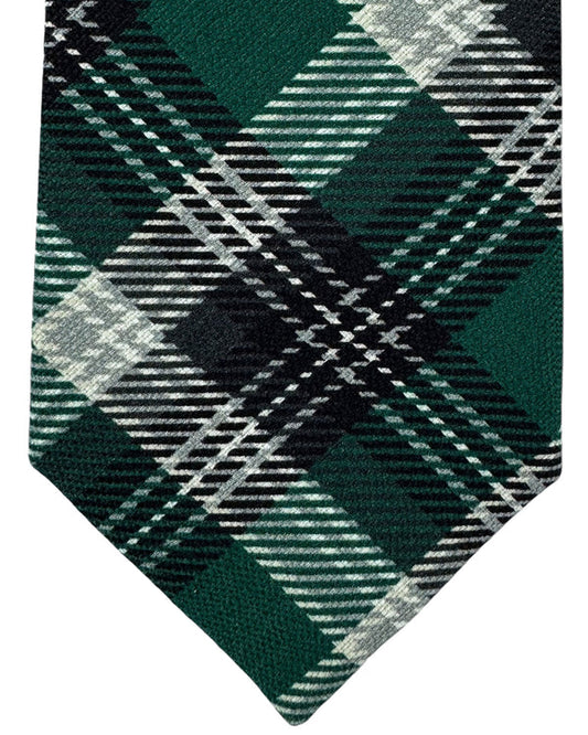 Isaia Sevenfold Tie Green Gray Plaid - Cotton Necktie