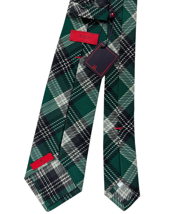 Isaia Sevenfold Tie Green Gray Plaid - Cotton Necktie