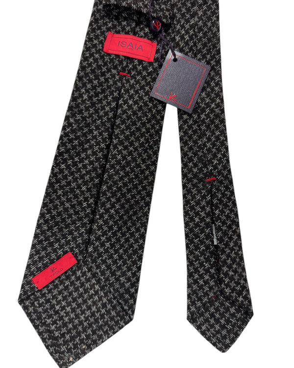 Isaia Sevenfold Tie Gray Black Houndstooth - Wool