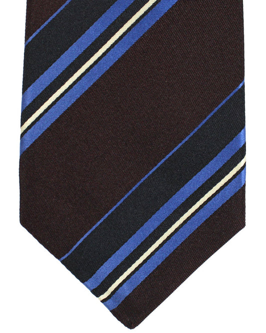 Kiton Silk Tie Dark Brown Royal Blue Stripes Design - Sevenfold Necktie SALE