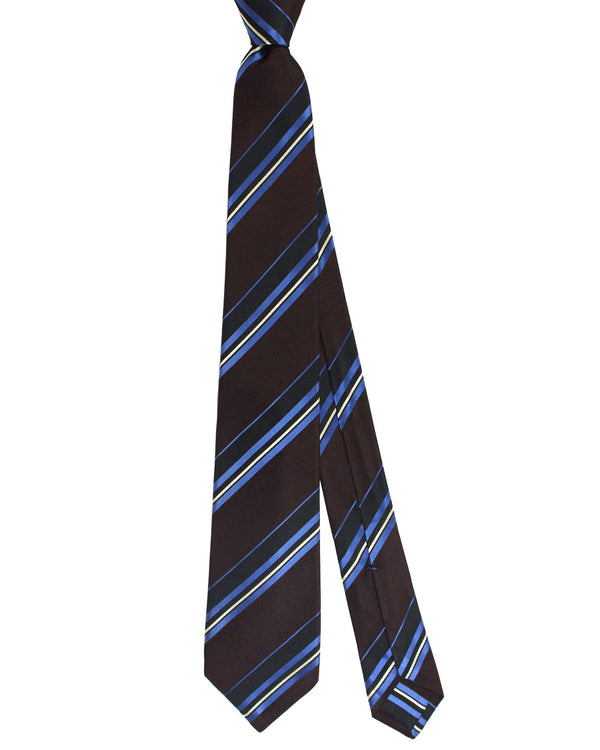 Kiton Silk Tie Dark Brown Royal Blue Stripes Design - Sevenfold Necktie SALE