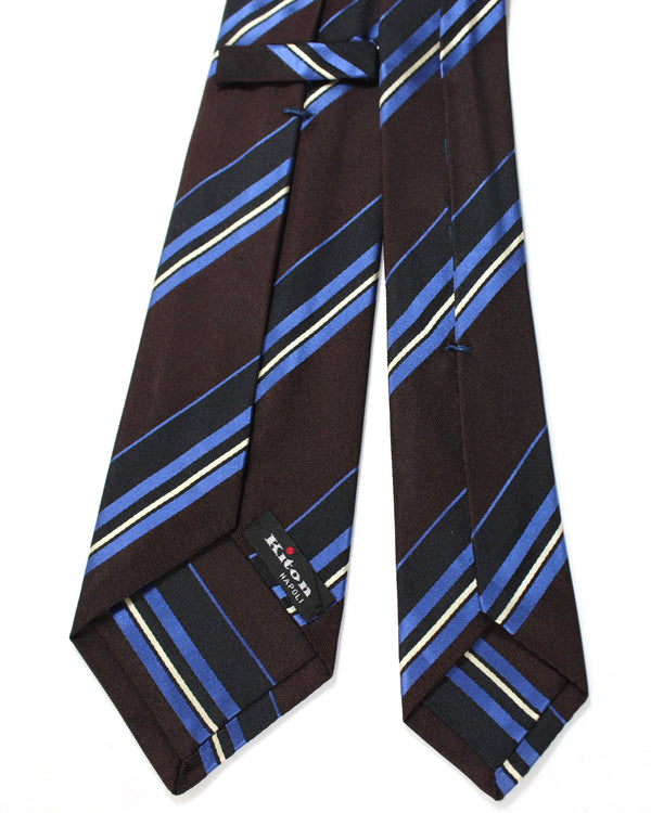 Kiton Silk Tie Dark Brown Royal Blue Stripes Design - Sevenfold Necktie SALE