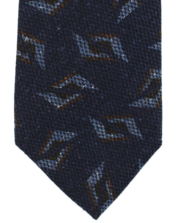 Kiton Wool Silk Tie Dark Blue Brown Geometric Design - Sevenfold Necktie SALE