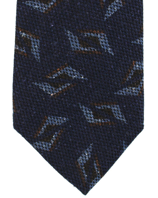 Kiton Wool Silk Tie Dark Blue Brown Geometric Design - Sevenfold Necktie SALE