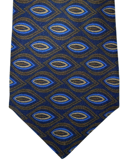 Kiton Tie Yellow Brown Navy Leaf - Sevenfold Necktie SALE