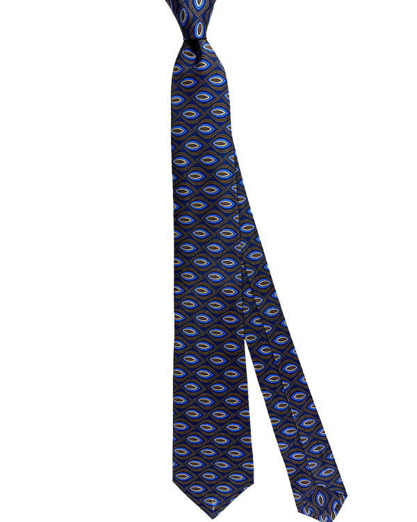 Kiton Tie Yellow Brown Navy Leaf - Sevenfold Necktie SALE
