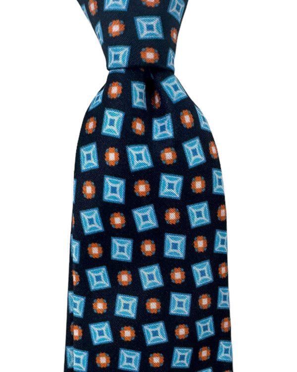 Kiton Tie Black Blue Orange Geometric - Sevenfold Necktie