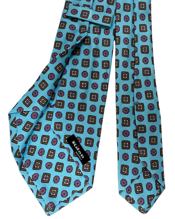 Kiton Tie Sky Blue Pink Brown Medallions - Sevenfold Necktie