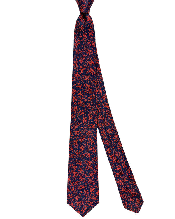 Kiton Tie Dark Blue Orange Leaves Floral - Sevenfold Necktie