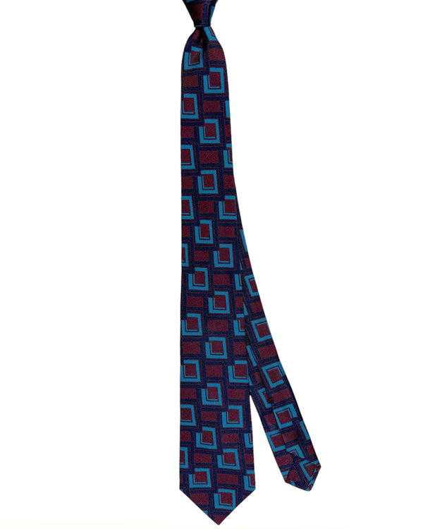 Kiton Tie Midnight Blue Brown Aqua Geometric - Sevenfold Necktie