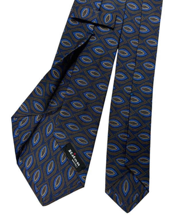 Kiton Tie Navy Blue Brown Leaf - Sevenfold Necktie