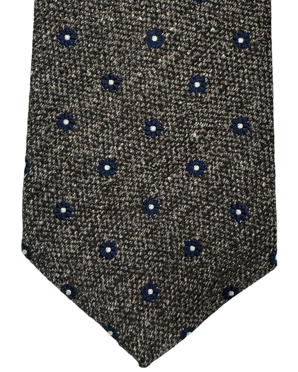 Kiton Tie Gray Dark Blue Mini Floral - Wool Silk Sevenfold Necktie