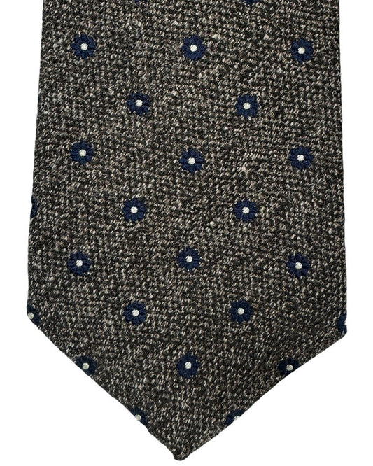 Kiton Tie Gray Dark Blue Mini Floral - Wool Silk Sevenfold Necktie