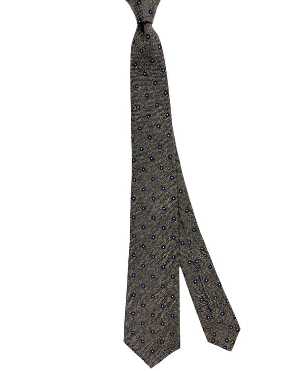Kiton Tie Gray Dark Blue Mini Floral - Wool Silk Sevenfold Necktie