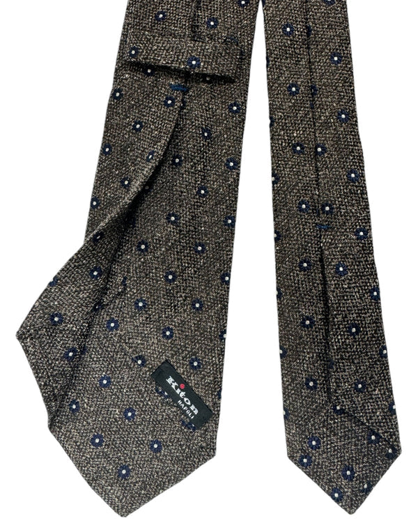 Kiton Tie Gray Dark Blue Mini Floral - Wool Silk Sevenfold Necktie